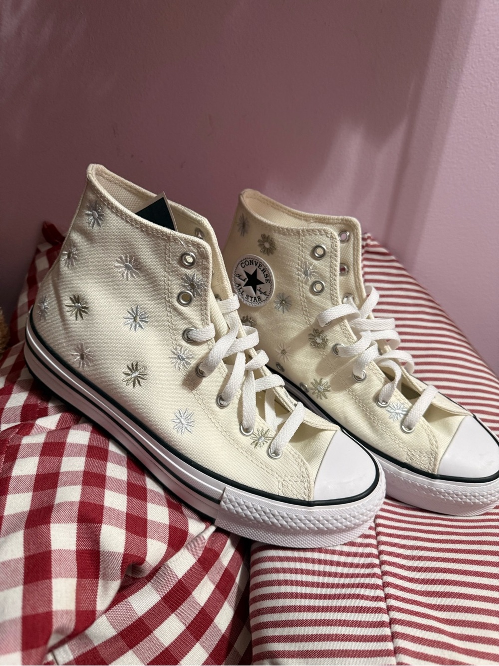 Converse High Top Sneakers in Cream with Embroidered Flowers